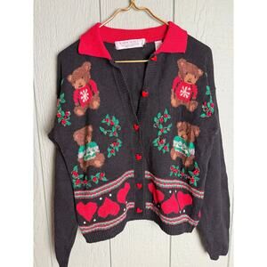 Vintage 90s Teddy Bear Christmas Cardigan Sweater PS Black Red Heart Embroidered